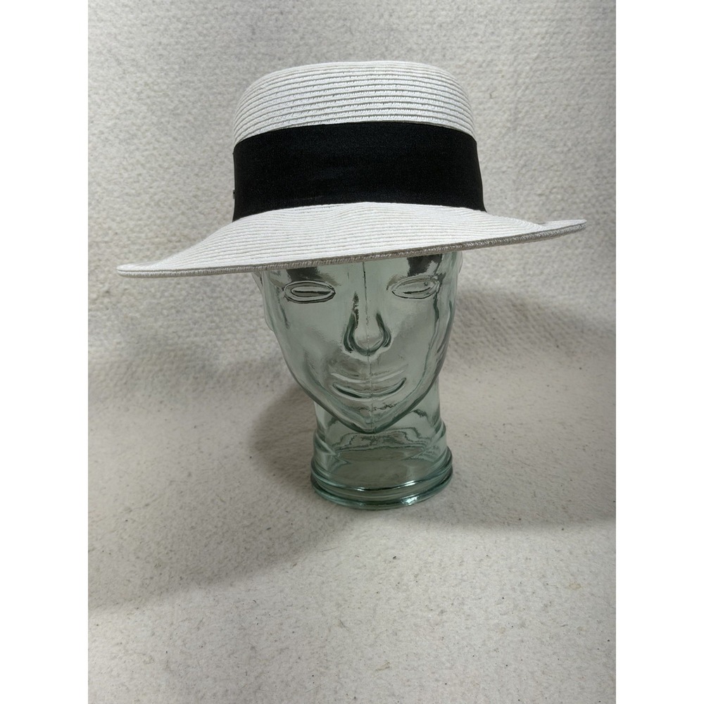 Scala‎ Womens White Wide Brim Sun Hat Black Bow Ribbon Coastal Elegant Derby